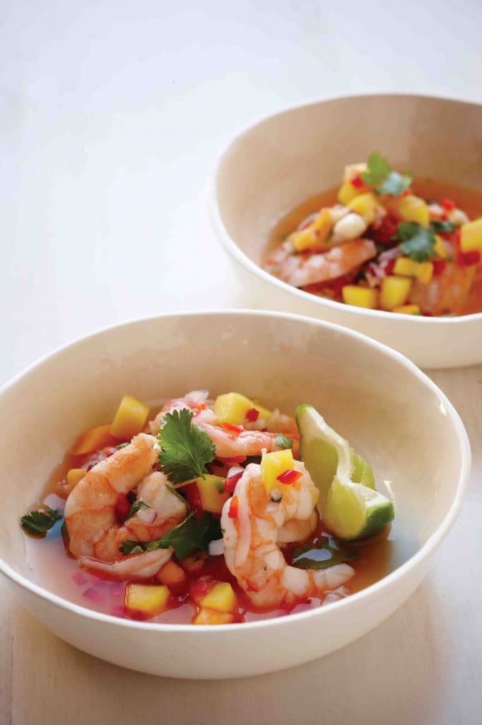 shrimp and mango ceviche in a bowl