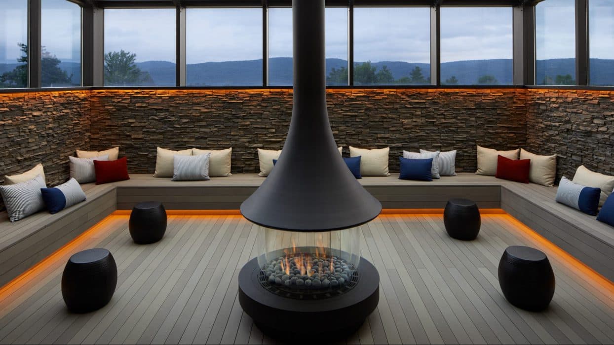 indoor waiting room area with firepit